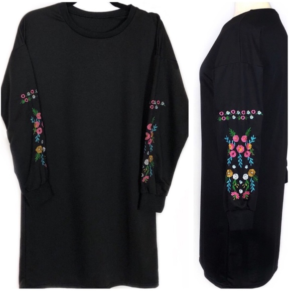Long Sleeve Sweatshirt Dress Floral Embroidery - Picture 1 of 9
